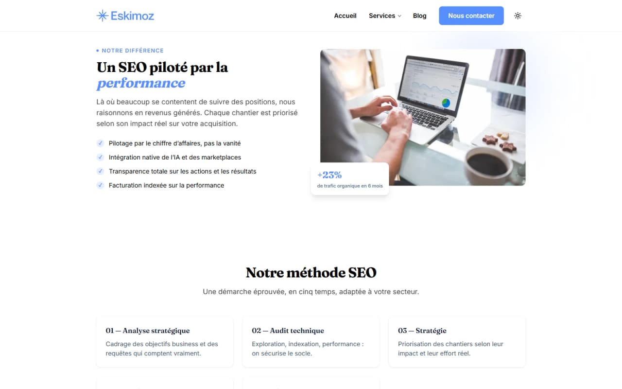 Section Texte + Image et grille de cartes sur la page service SEO de la démo Eskimoz
