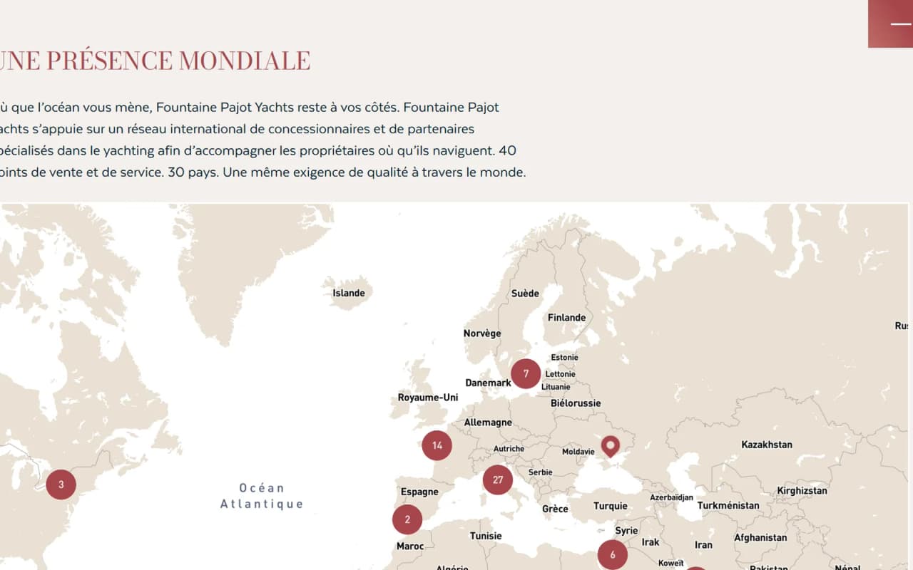 Carte interactive du réseau mondial de concessionnaires, marqueurs regroupés par zone